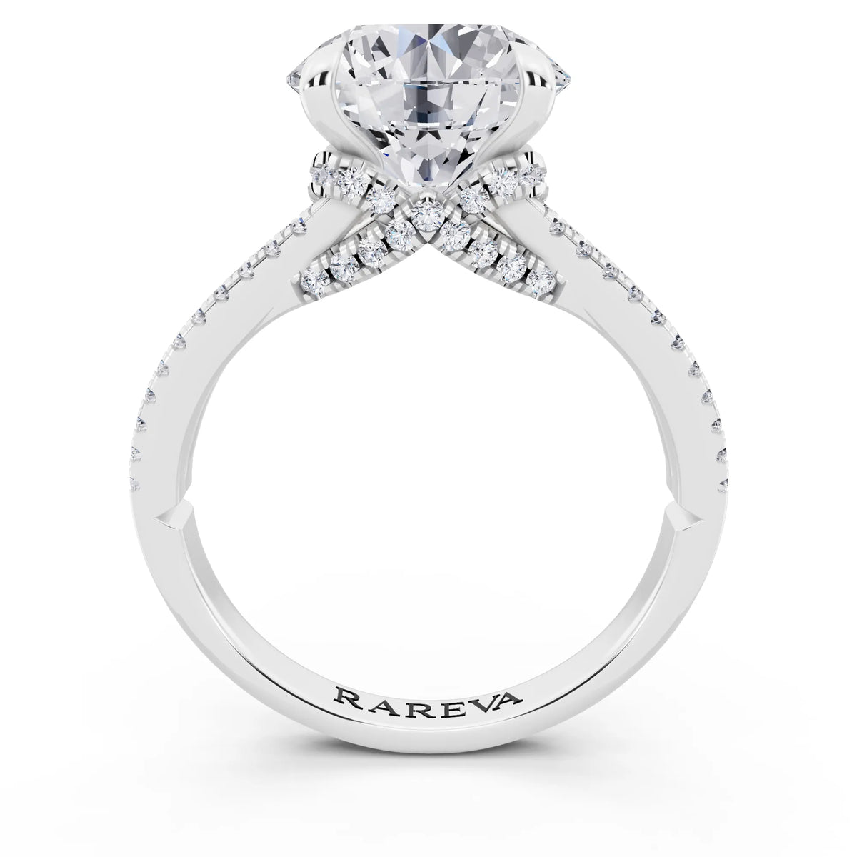 18 KT White Gold Round Cut Diamond Ring with Pavé Split Shank - through finger