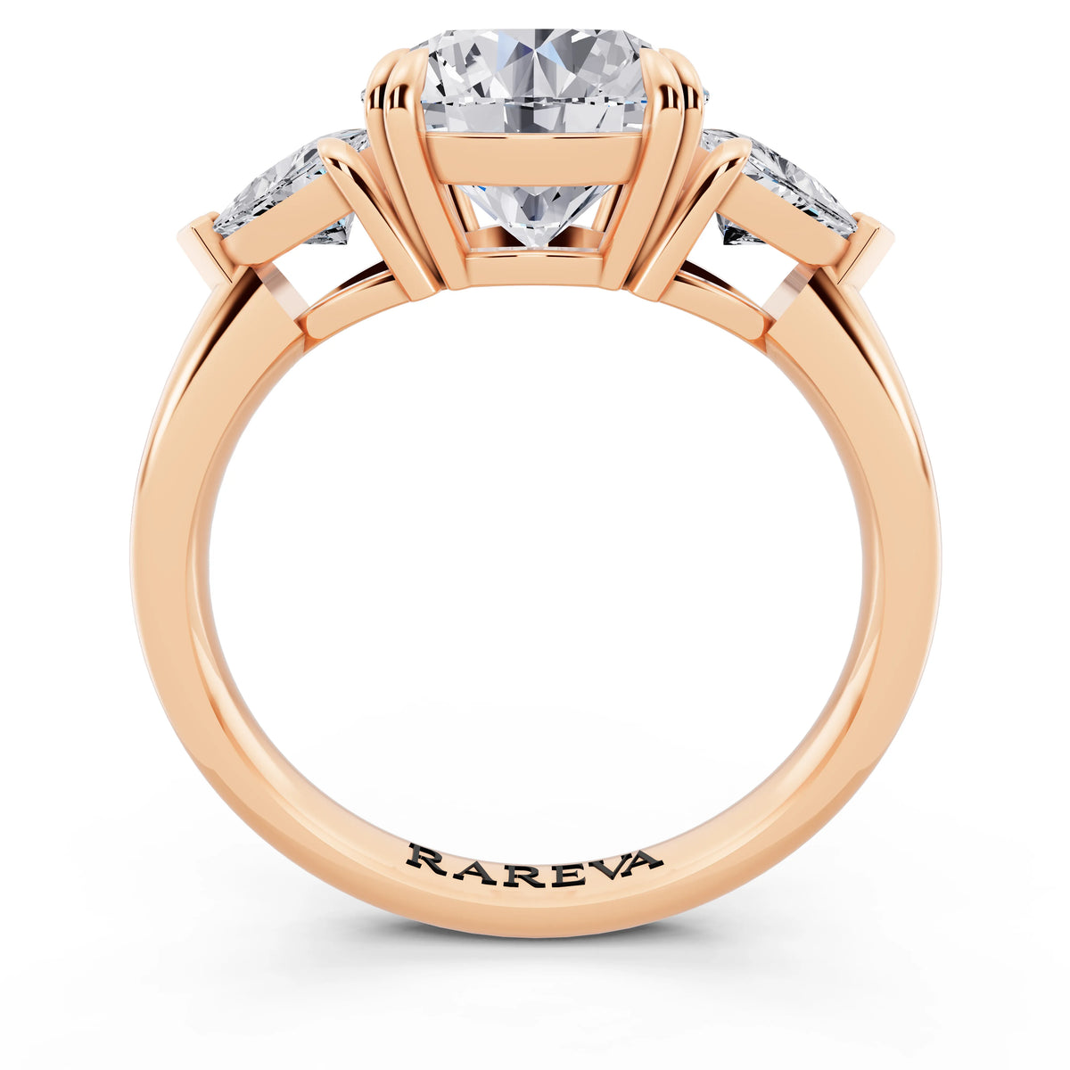 18 KT Rose Gold Round Cut Diamond Three Stone Ring with Trillion Accents - through finger