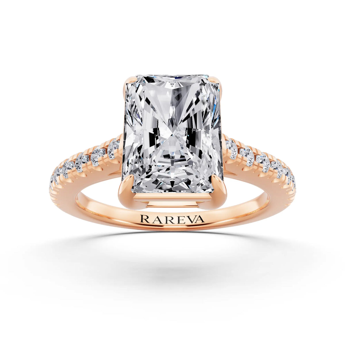14 KT Rose Gold Radiant Cut Diamond Claw Prong Solitaire Ring with French Pave Band - front view