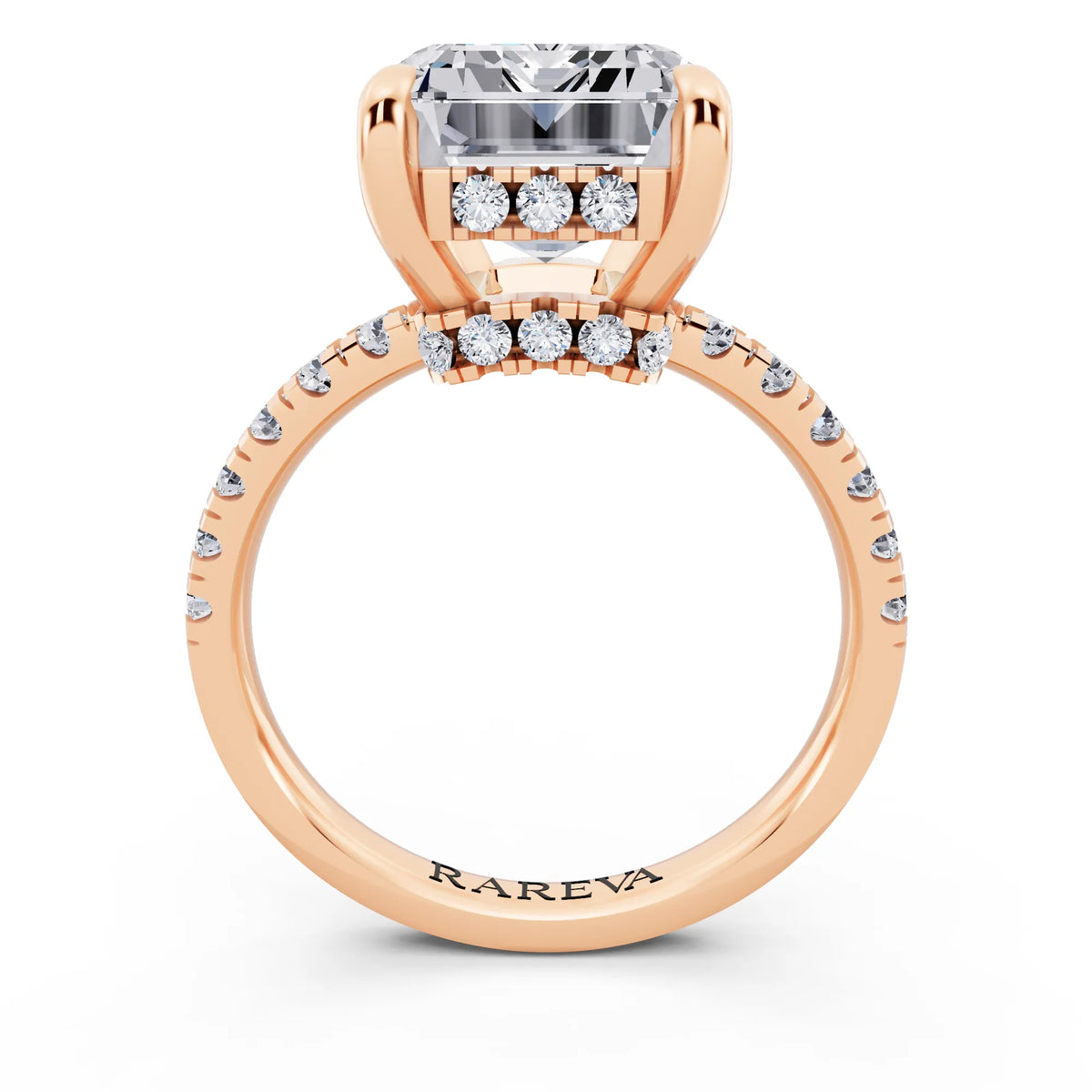 18 KT Rose Gold Emerald Cut Diamond Hidden Halo Tiger Prong Pave Band Ring - through finger