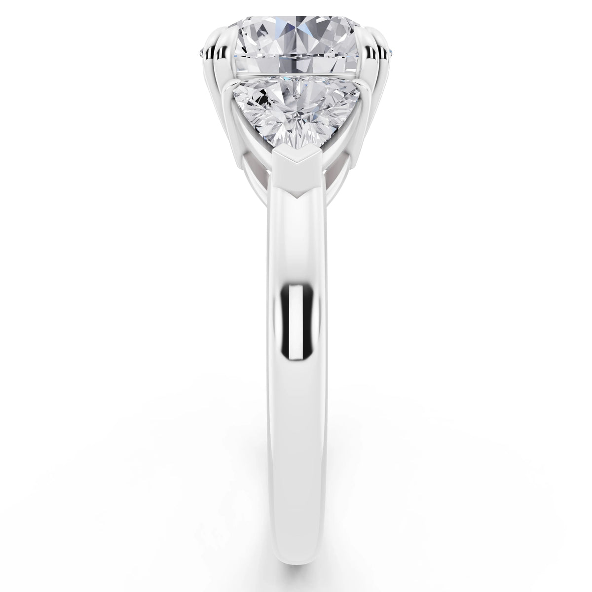 Platinum Round Cut Diamond Three Stone Ring with Trillion Accents - side view