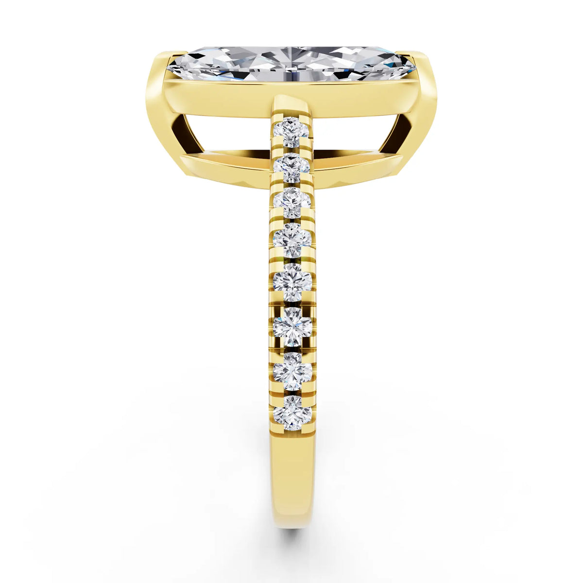 14 KT Yellow Gold Marquise Cut Diamond Claw Prong Solitaire Ring with French Pave Band - side view