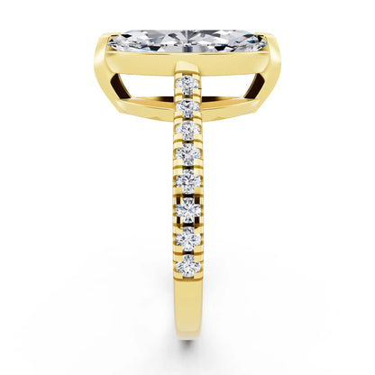 14 KT Yellow Gold Marquise Cut Diamond Claw Prong Solitaire Ring with French Pave Band - side view