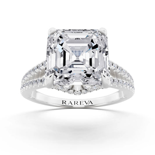 Platinum Asscher Cut Diamond Ring with Pavé Split Shank - front view