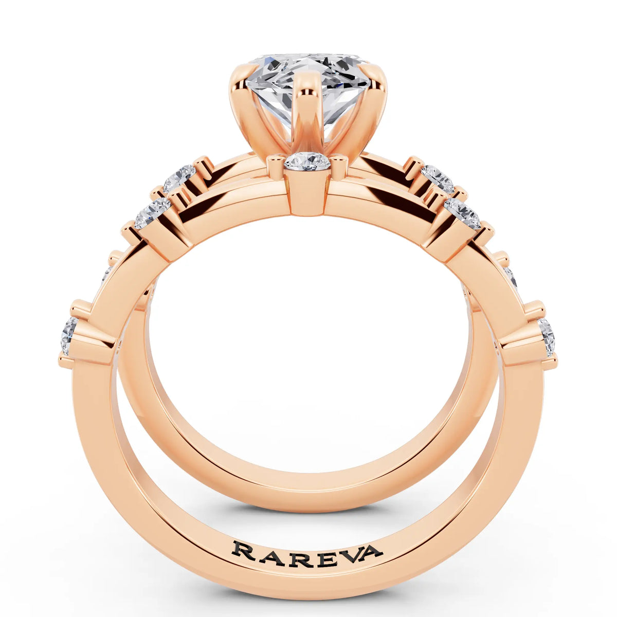 18 KT Rose Gold Marquise Cut Diamond Ring with Floating Accent Band - through finger