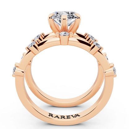 18 KT Rose Gold Marquise Cut Diamond Ring with Floating Accent Band - through finger