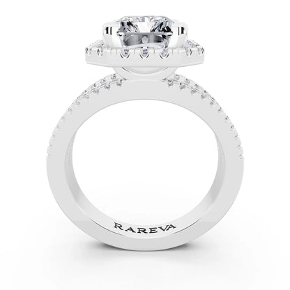 18 KT White Gold Radiant Cut Diamond Halo Ring with Pave Split Shank - through finger