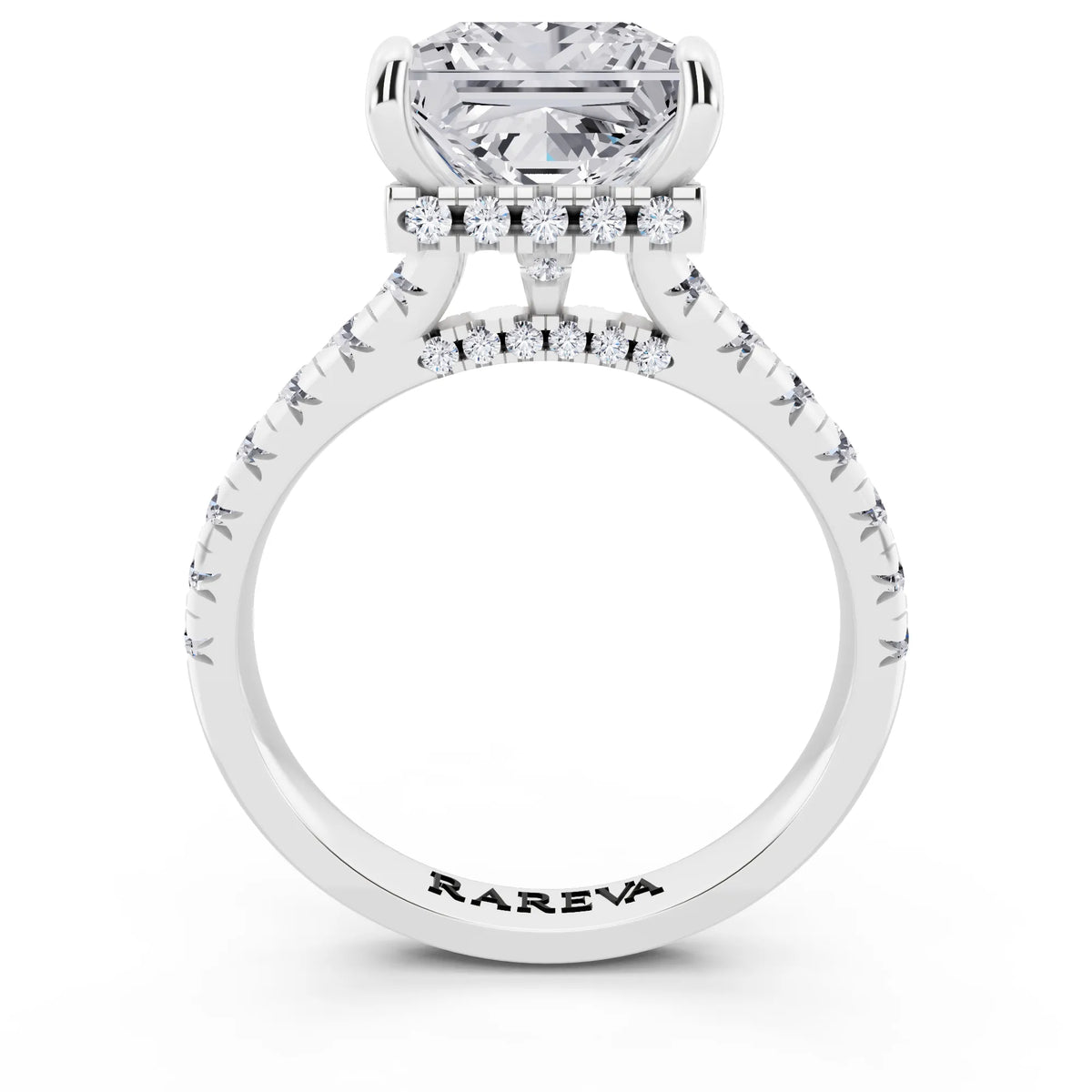 14 KT White Gold Princess Cut Diamond Ring with Hidden Halo - through finger