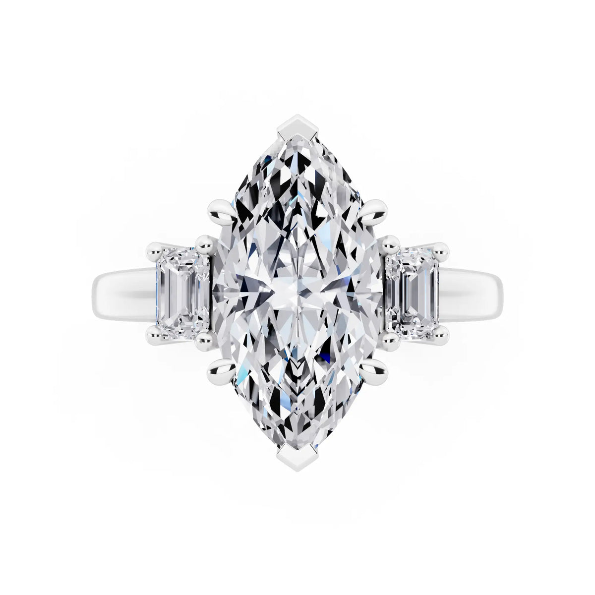 Platinum Marquise Cut Diamond Three Stone Emerald Accent Ring - top angle
