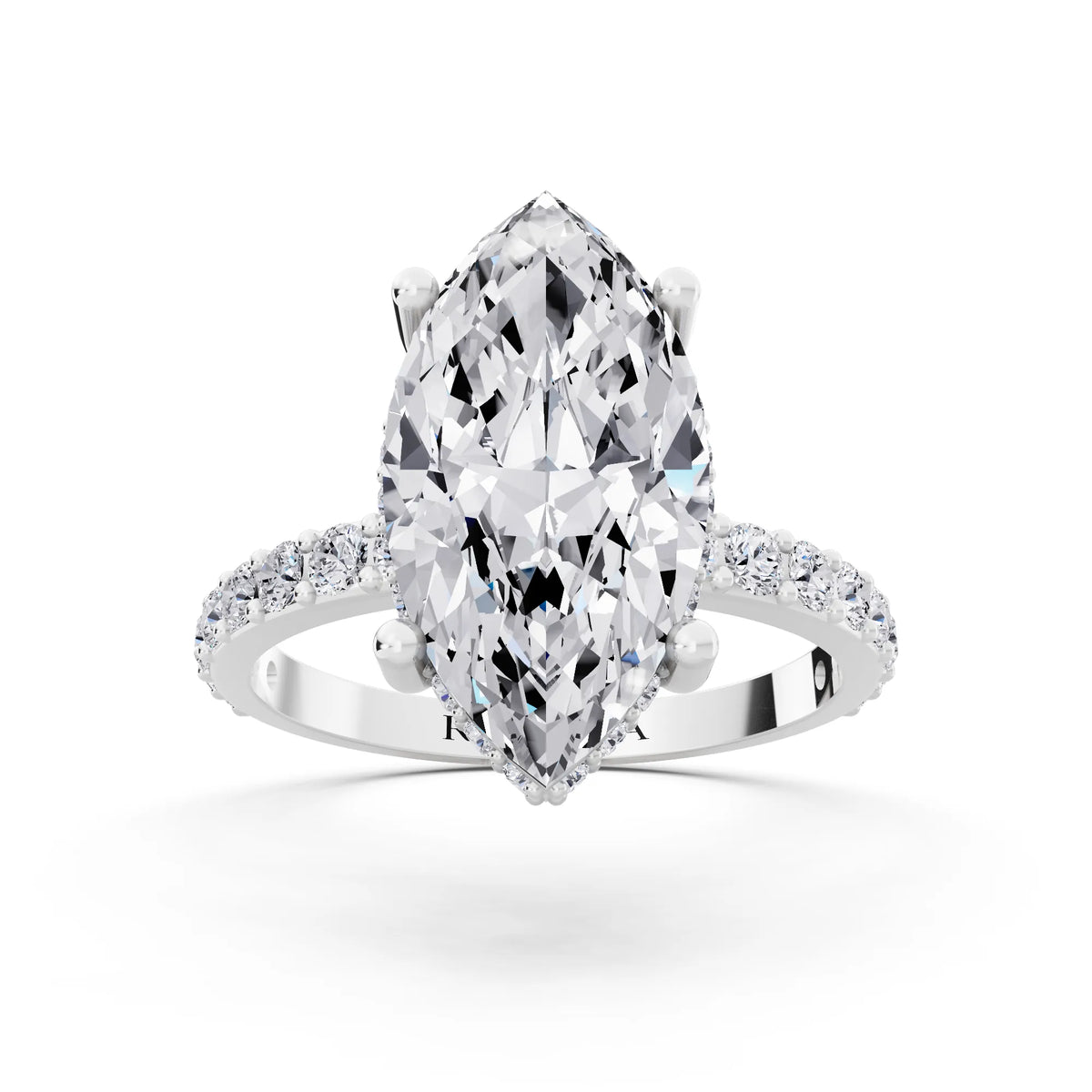 18 KT White Gold Marquise Cut Diamond Solitaire Ring with Hidden Halo and Pave Band - front view
