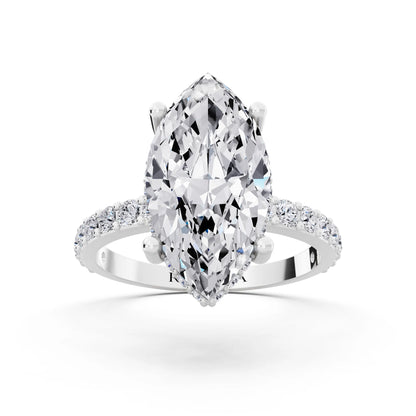 18 KT White Gold Marquise Cut Diamond Solitaire Ring with Hidden Halo and Pave Band - front view
