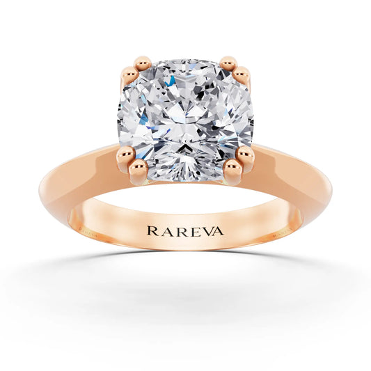14 KT Rose Gold Cushion Cut Diamond Solitaire Ring with Knife Edge Band - front view