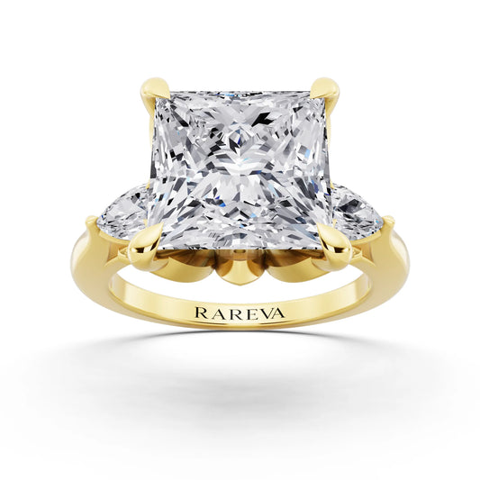 18 KT Yellow Gold Princess Cut Diamond Cluster Engagement Ring with Pear Accents and Pavé Band - front view