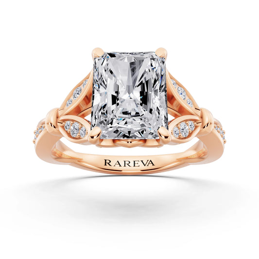 14 KT Rose Gold Radiant Cut Diamond Ring with Lotus Collar - front view