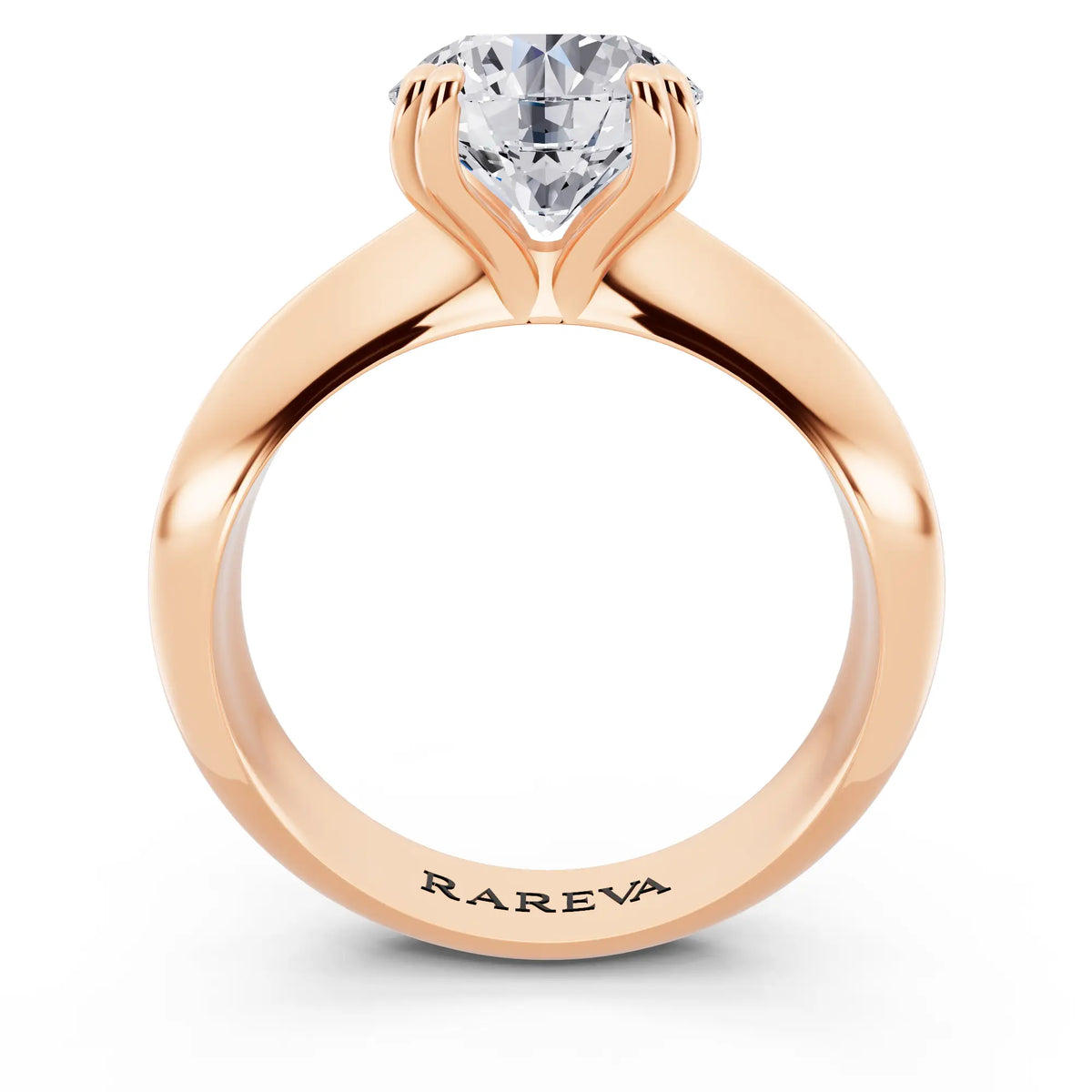 18 KT Rose Gold Round Cut Diamond Solitaire Ring with Knife Edge Band - through finger