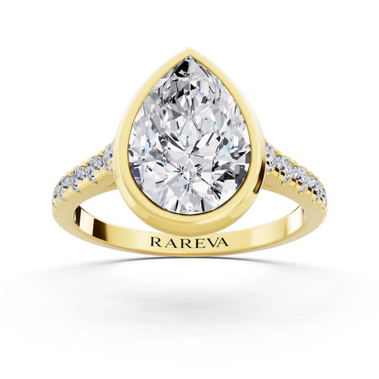 14 KT Yellow Gold Pear Cut Diamond Bezel Set Ring with Pave Band - Front
