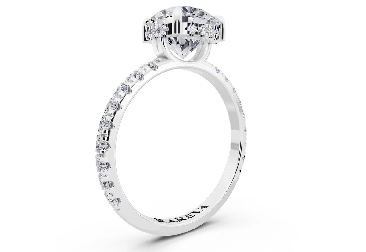 18 KT White Gold Round Cut Diamond Solitaire Ring with Hidden Halo and French Pave Band - top view