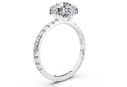 18 KT White Gold Round Cut Diamond Solitaire Ring with Hidden Halo and French Pave Band - top view