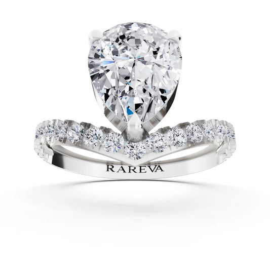 18 KT White Gold Pear Cut Diamond Solitaire Ring with Pave Chevron Band - Front