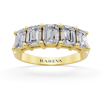 10K Yellow Gold Five Stone Emerald Cut Diamond Half Eternity Wedding Band - 2.5mm - Front