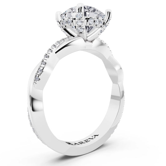 18 KT White Gold Round Cut Diamond Hidden Halo Ring with Twisted Pave Band - top view