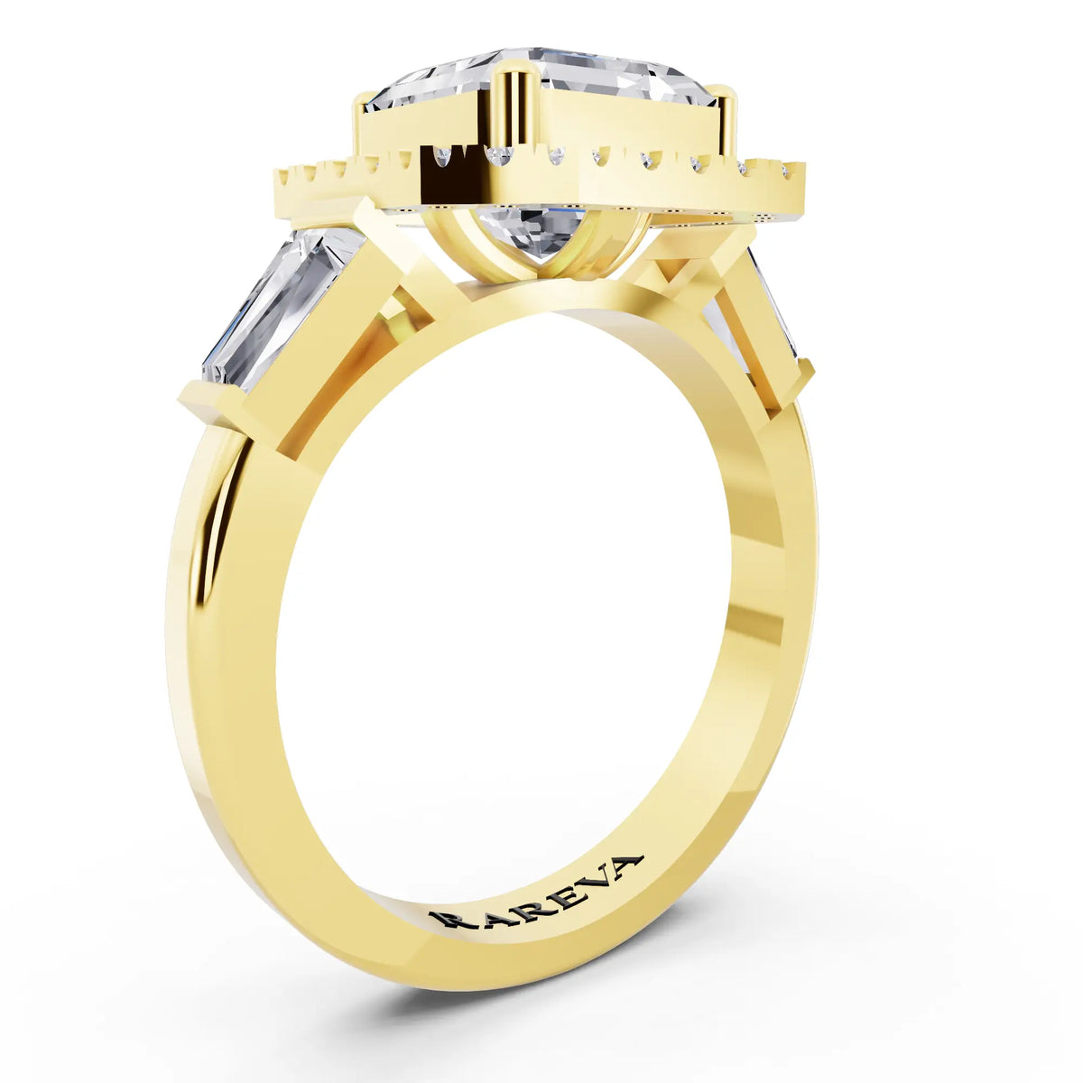 14 KT Yellow Gold Asscher Cut Diamond Halo Ring with Baguette Accents - top view