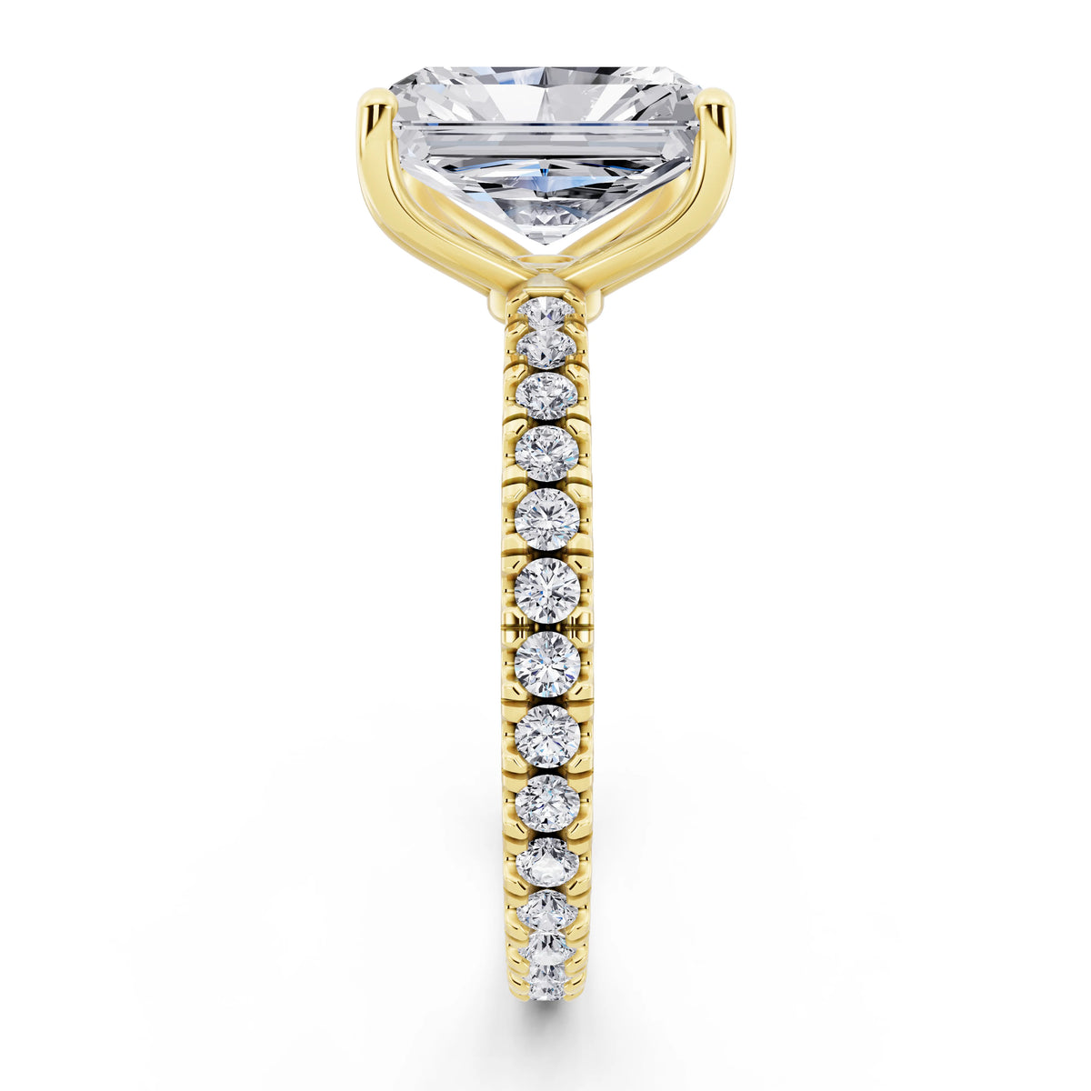 14 KT Yellow Gold Radiant Cut Diamond Solitaire Ring with Pave Eternity Band - side view