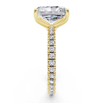 14 KT Yellow Gold Radiant Cut Diamond Solitaire Ring with Pave Eternity Band - side view