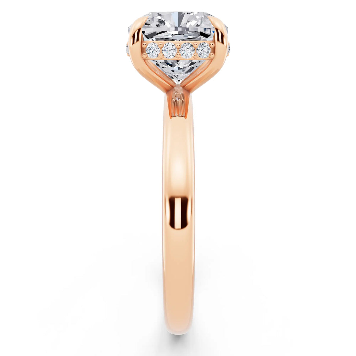 14 KT Rose Gold Cushion Cut Diamond Hidden Halo Solitaire Ring - side view