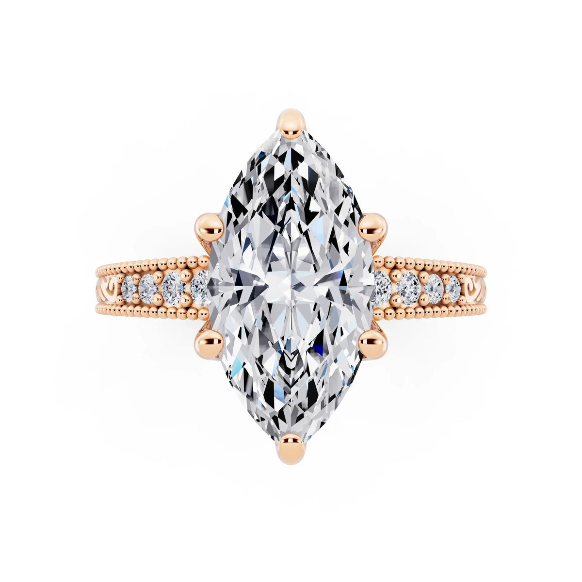14 KT Rose Gold Marquise Cut Diamond Vintage - top angle