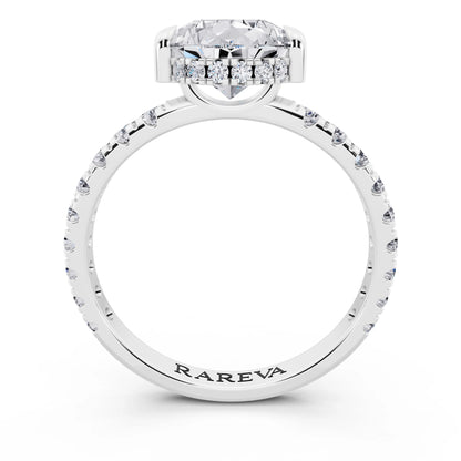 18 KT White Gold Pear Cut Diamond Solitaire Ring with Hidden Halo and French Pave Band - through finger