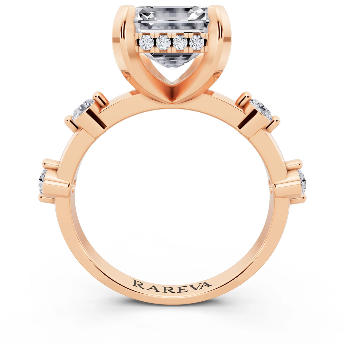 18 KT Rose Gold Asscher Cut Diamond Solitaire Ring with Floating Diamond Accents - through finger