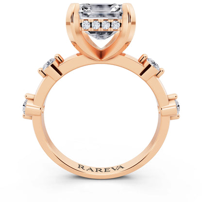 18 KT Rose Gold Asscher Cut Diamond Solitaire Ring with Floating Diamond Accents - through finger