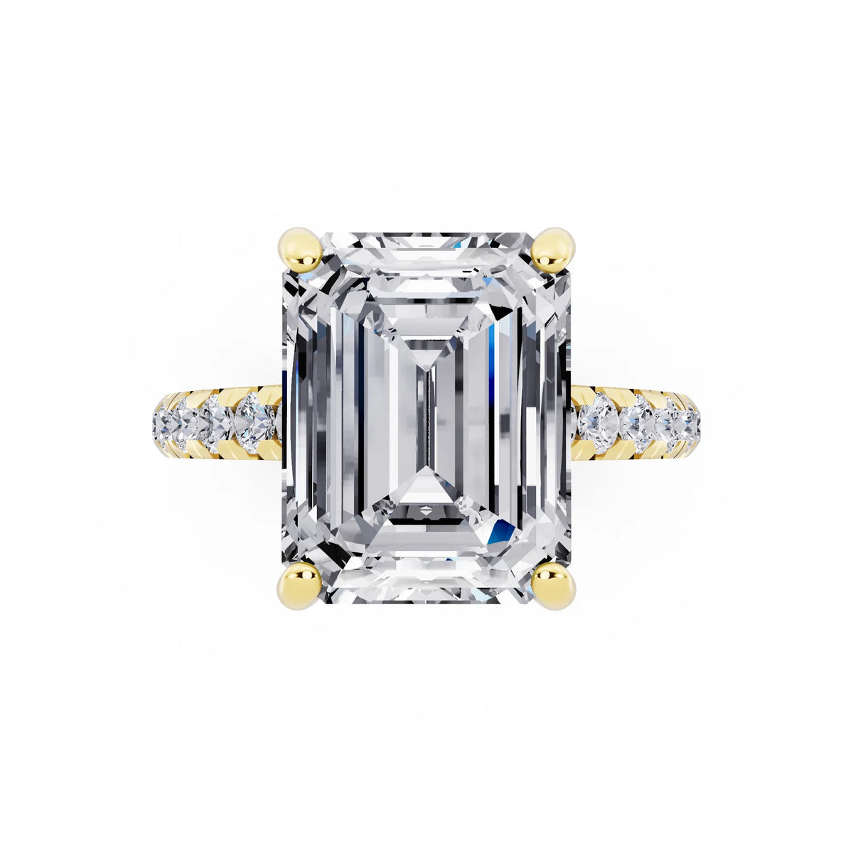 14 KT Yellow Gold Emerald Cut Diamond Ring with Hidden Halo - top angle
