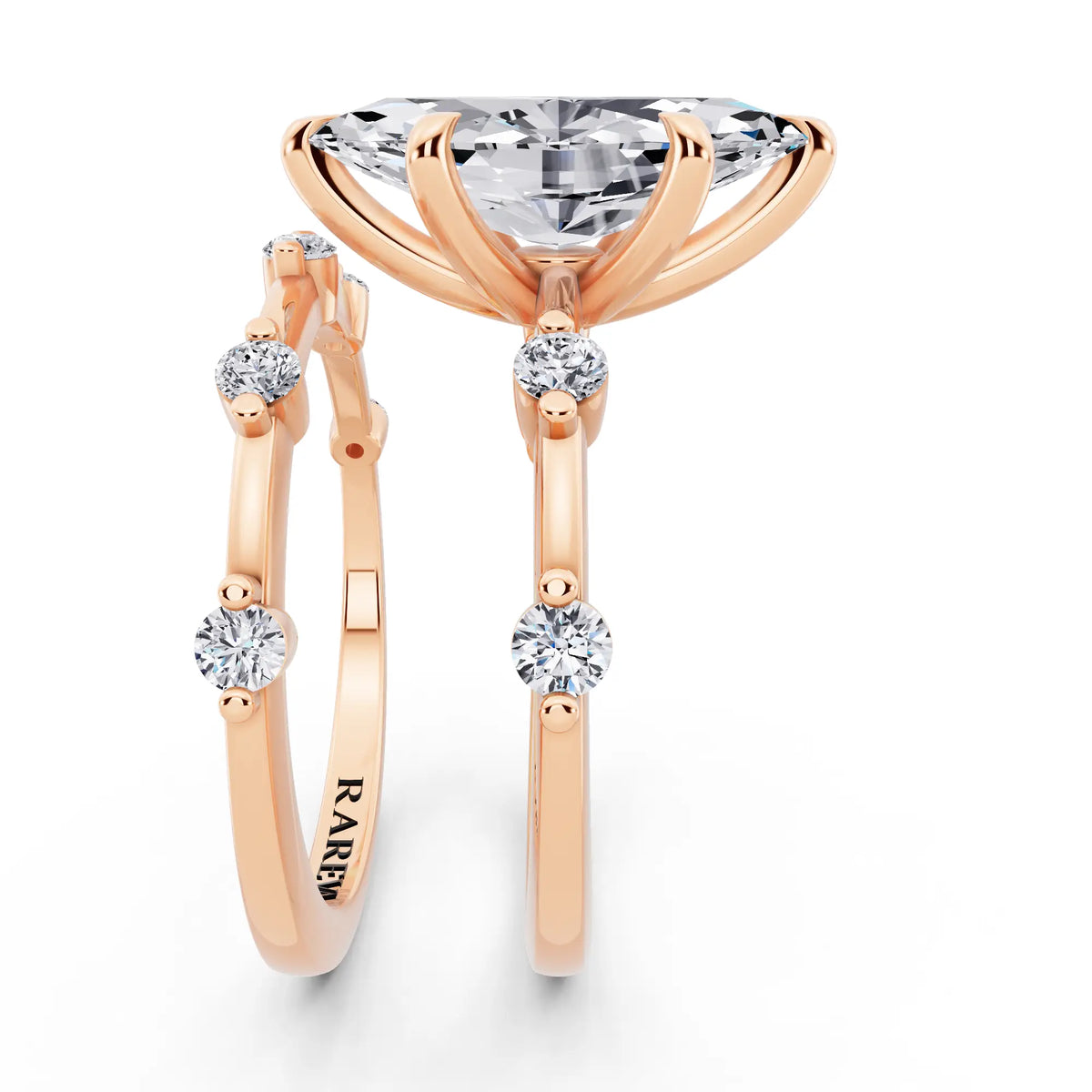 18 KT Rose Gold Marquise Cut Diamond Ring with Floating Accent Band - side view