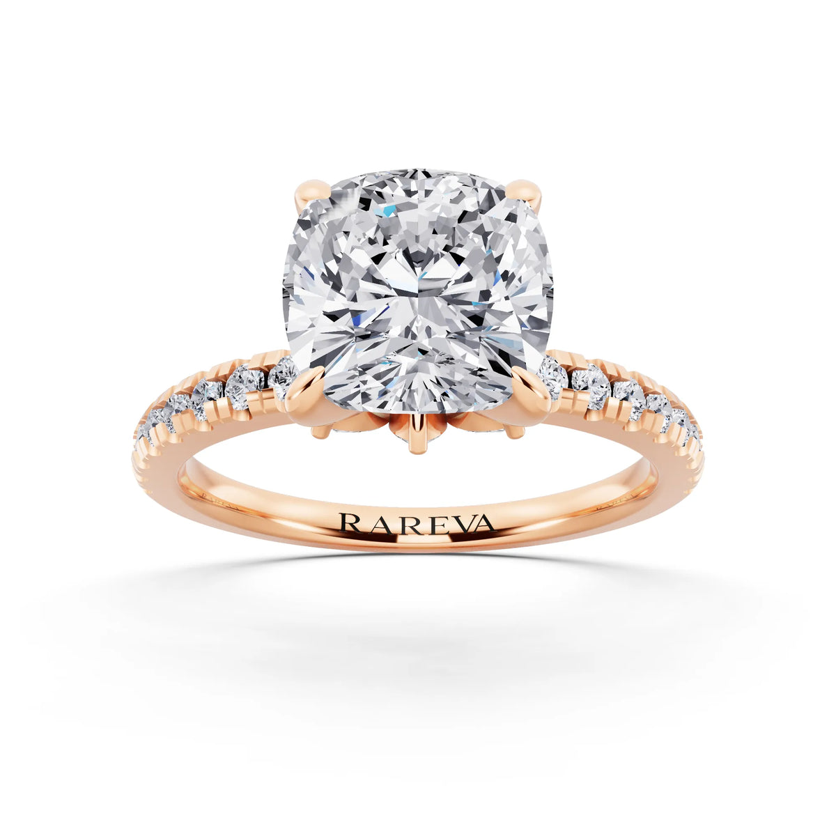 14 KT Rose Gold Cushion Cut Diamond Solitaire Ring with Marquise Collar - front view