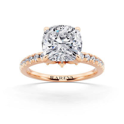 14 KT Rose Gold Cushion Cut Diamond Solitaire Ring with Marquise Collar - front view