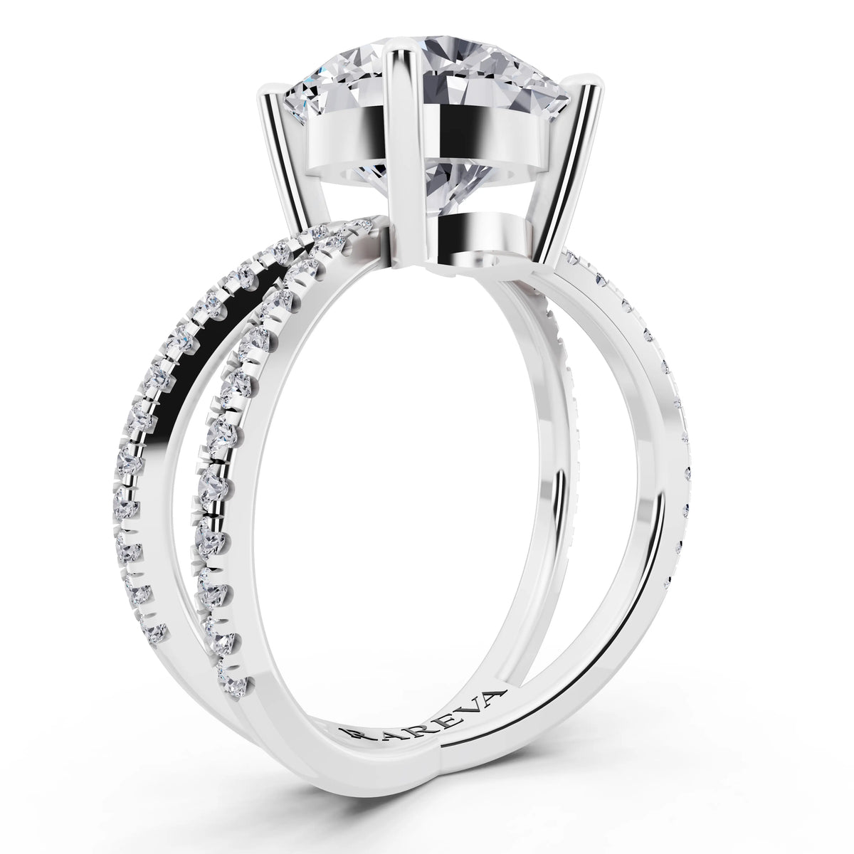 18 KT White Gold Round Cut Diamond Ring with Twisted Split Shank - top view