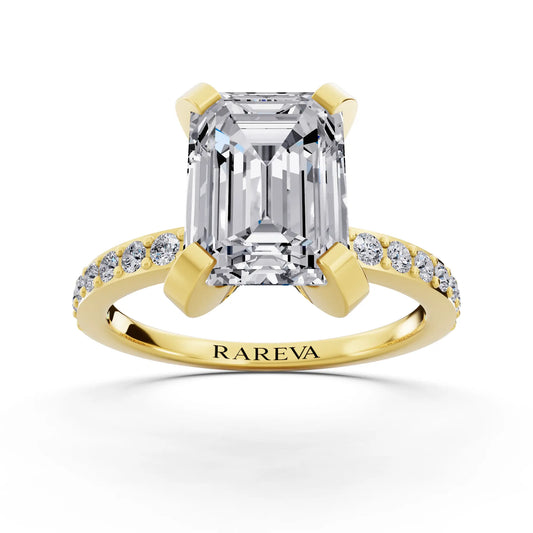 14 KT Yellow Gold Emerald Cut Diamond Solitaire Ring with Pave Shank - front view