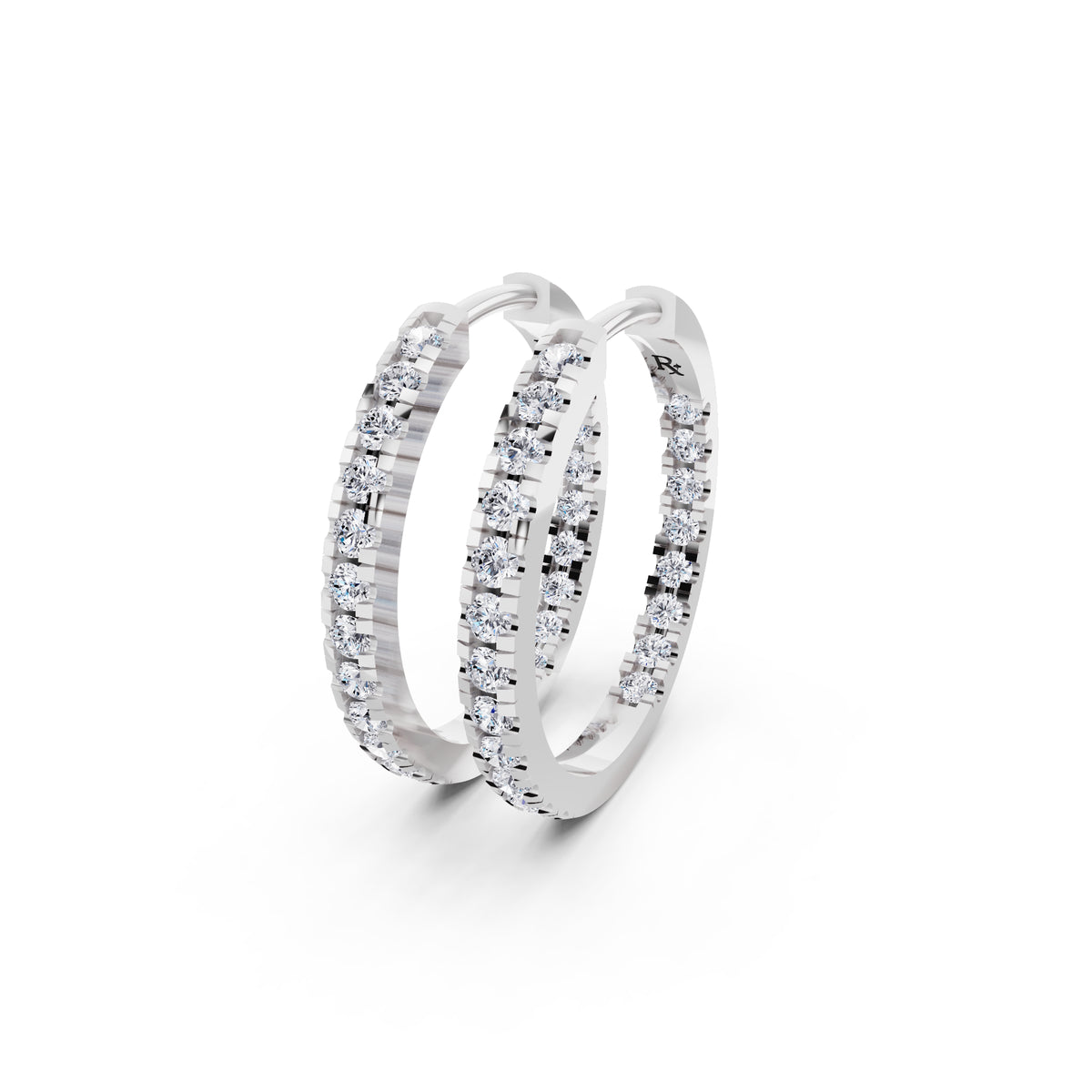 10KT White Gold Round Diamond Hoop Earrings - close up