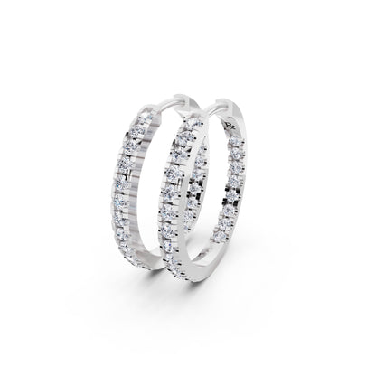 10KT White Gold Round Diamond Hoop Earrings - close up