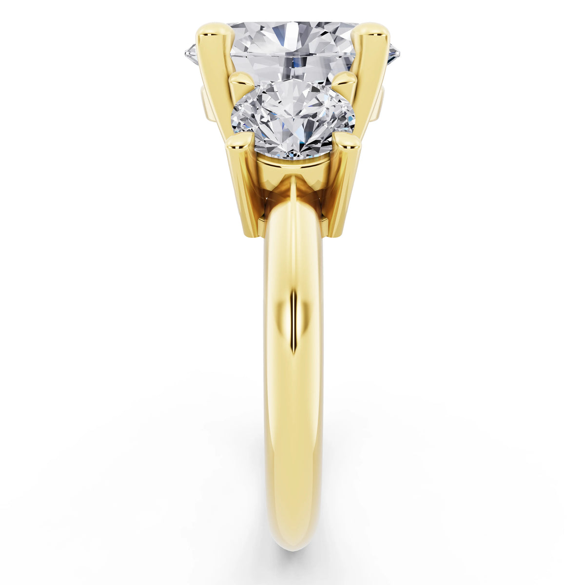 14 KT Yellow Gold Oval Cut Diamond Three Stone Ring with Round Accents - side view