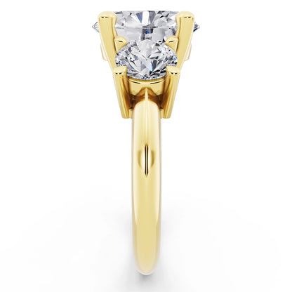 14 KT Yellow Gold Oval Cut Diamond Three Stone Ring with Round Accents - side view