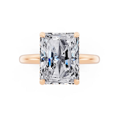 18 KT Rose Gold Radiant Cut Diamond Solitaire Ring with Pave Collar - top angle
