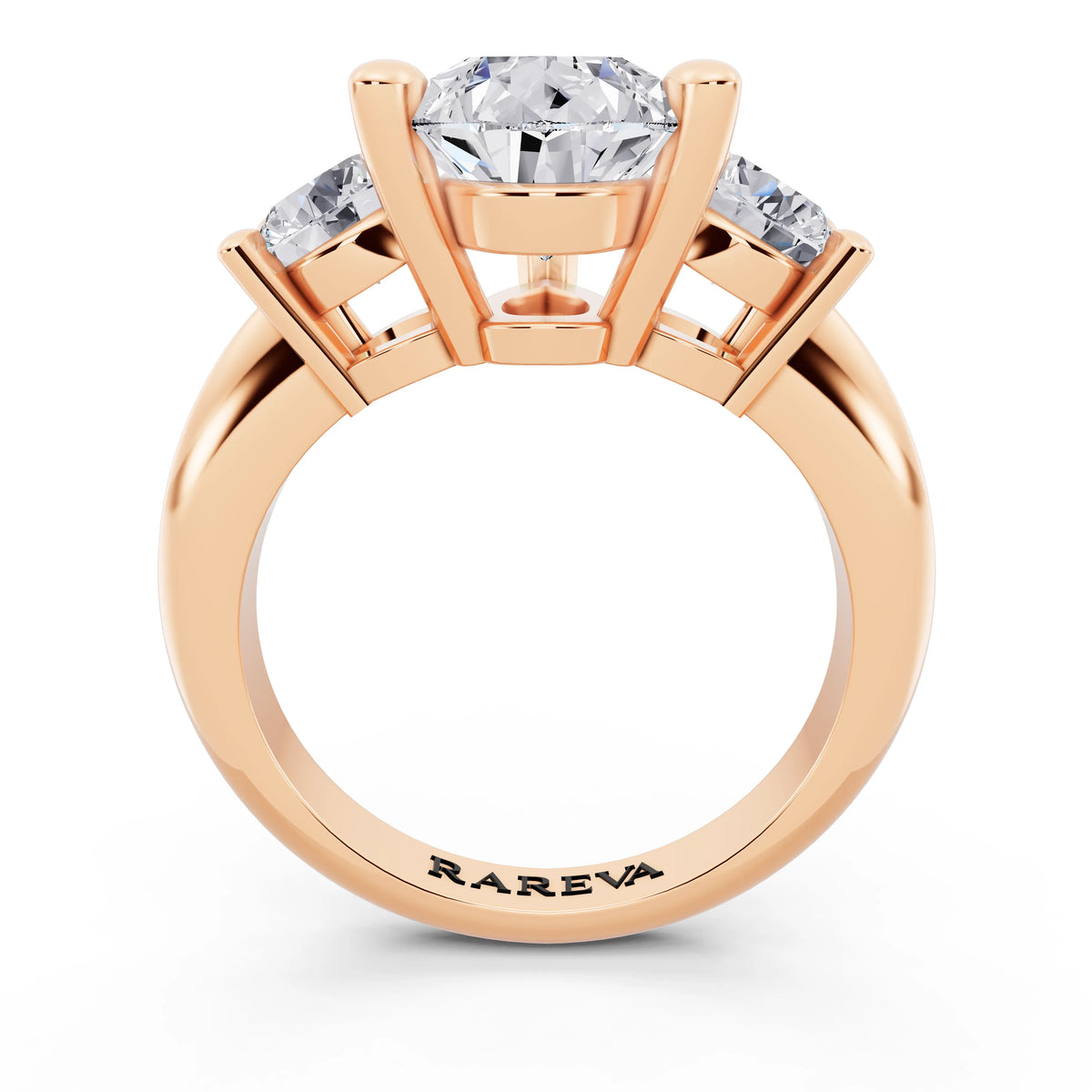 14 KT Rose Gold Pear Cut Diamond Three Stone Ring with Round Accents - through finger
