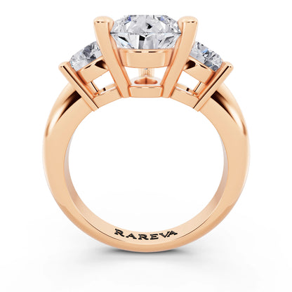 14 KT Rose Gold Pear Cut Diamond Three Stone Ring with Round Accents - through finger