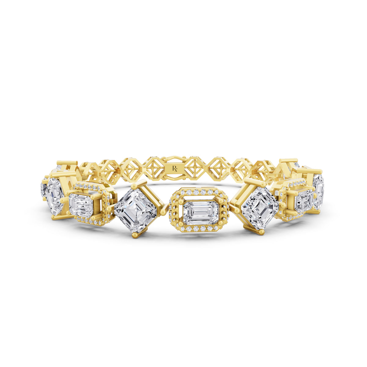 14K Yellow Gold Square Emerald and Emerald Cut Halo Diamond Tennis Bracelet - Main