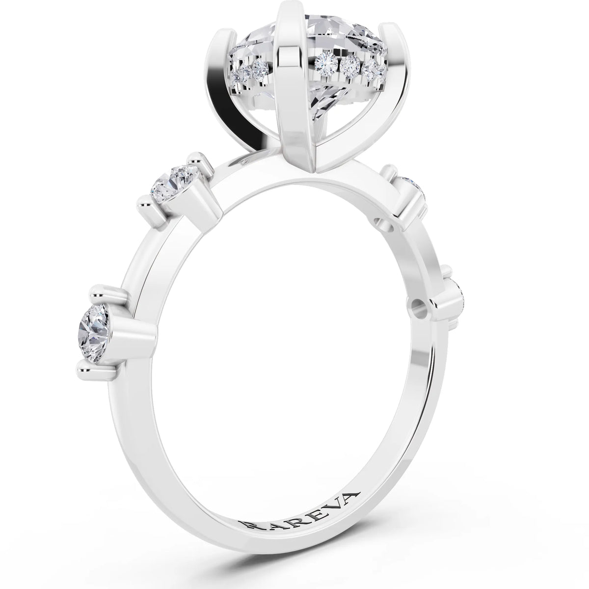 Platinum Pear Cut Diamond Solitaire Ring with Floating Diamond Accents - top view