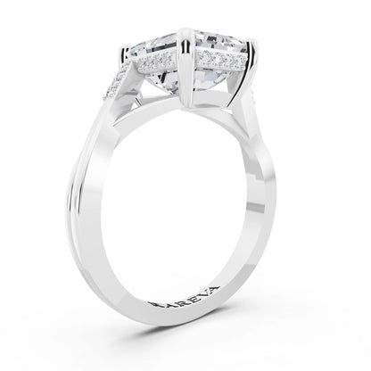 18 KT White Gold Emerald Cut Diamond Split Shank Engagement Ring with Hidden Halo - top view
