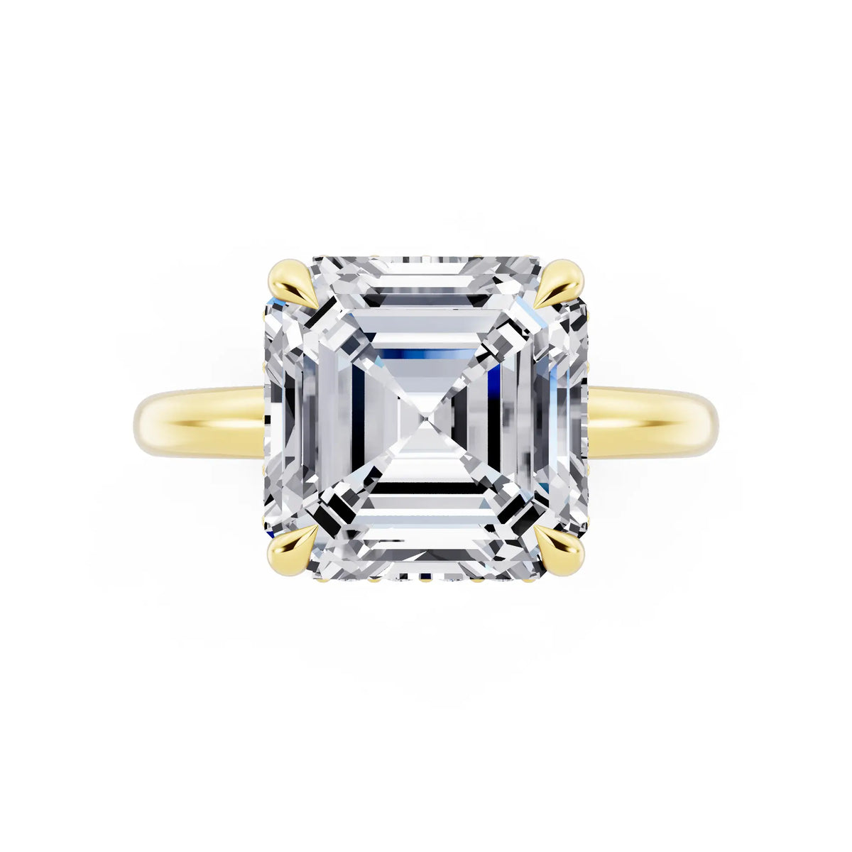 18 KT Yellow Gold Asscher Cut Diamond Hidden Halo Solitaire Ring - top angle